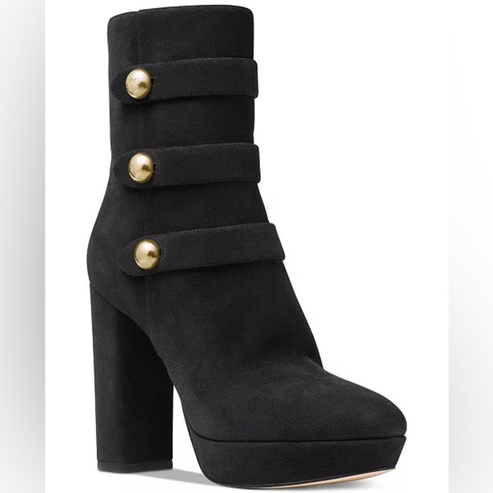 Michael Kors Black Heeled Boots with Gold Accents